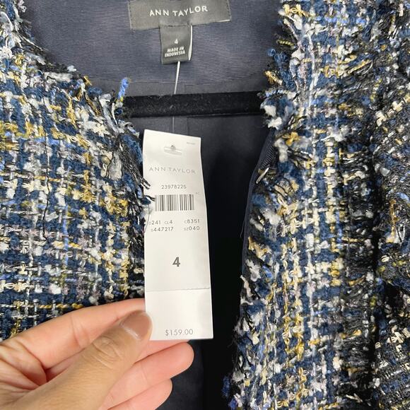 New Ann Taylor 4 Blue Black Ruffle Tweed Peplum Jacket Blazer Hook Eye Front - Picture 10 of 14